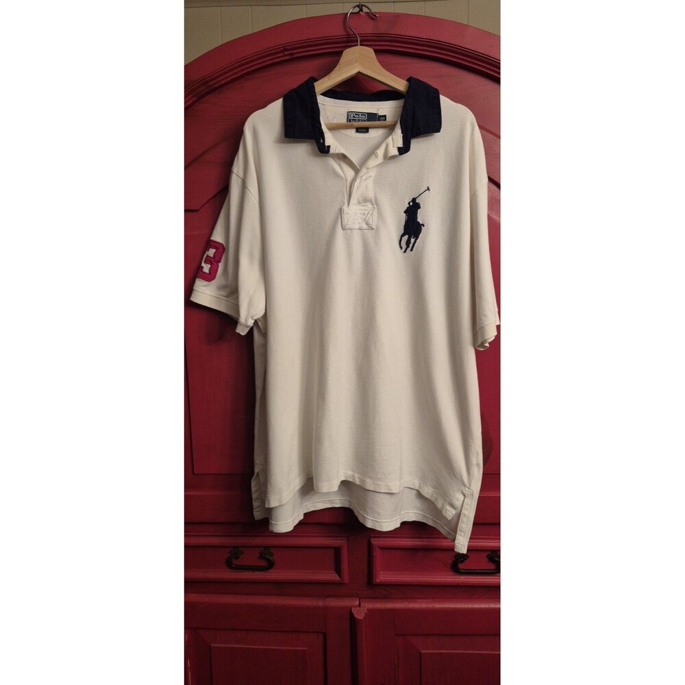 Polo Ralph Lauren Big Pony Polo Shirt Mens 2XB White Navy Contrast Collar EUC